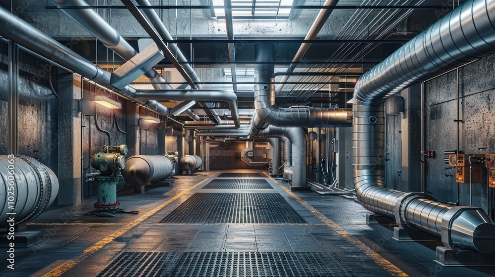 Industrial Building Interior with Metal Piping and Grated Floor Industrial Building Interior with Metal Piping and Grated Floor