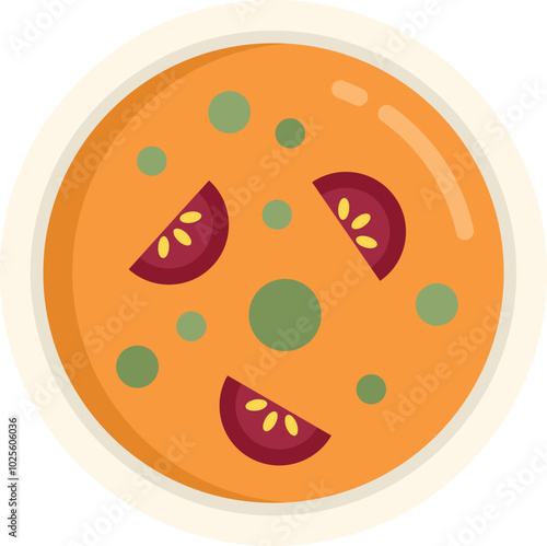 Simple vector illustration of a bowl of tomato soup decorated with tomatoes and peas, in flat design style