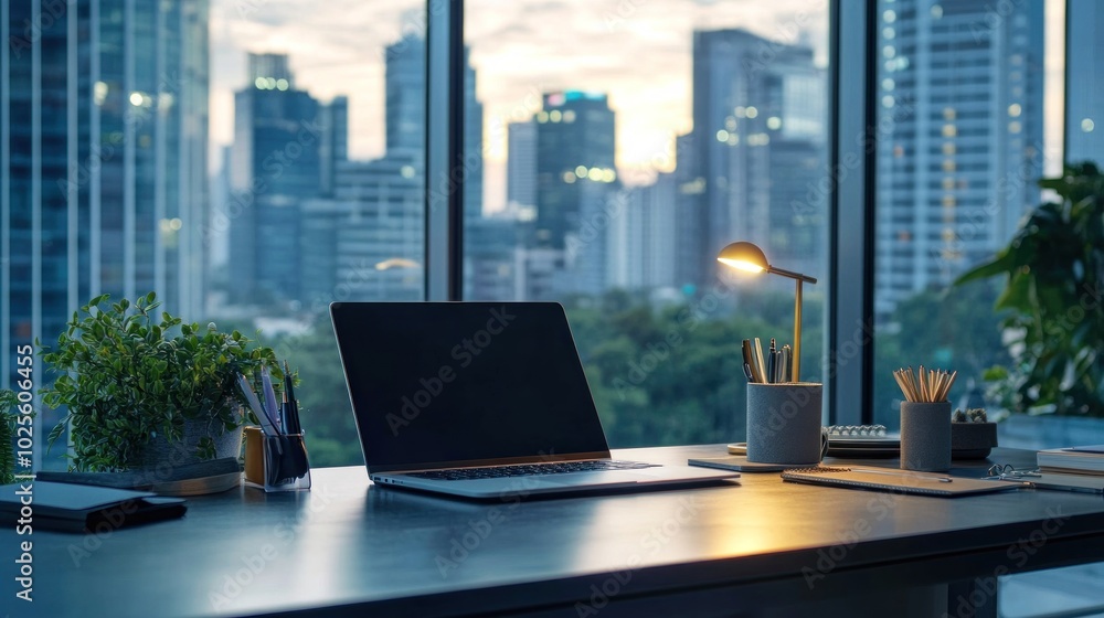 A modern office workspace with a laptop, stationery, and a city skyline view at sunset.