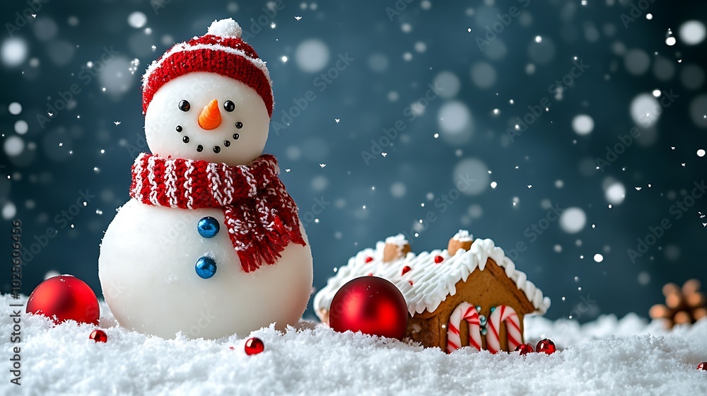 Obraz premium Cheerful Cartoon Snowman with Colorful Decorations