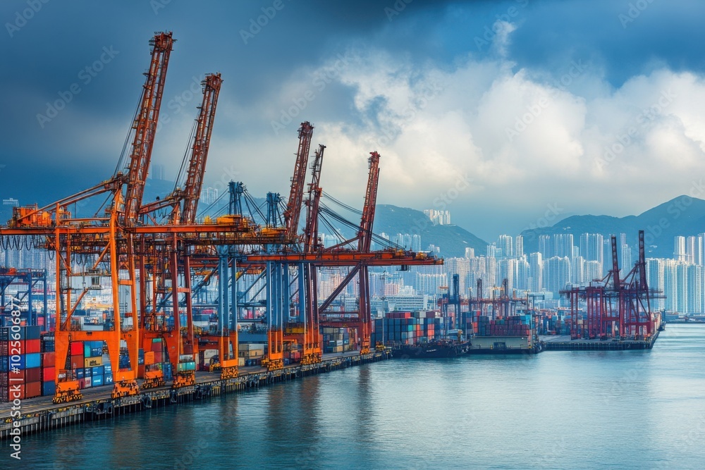 Fototapeta premium Busy shipping port with container cranes, with copy space