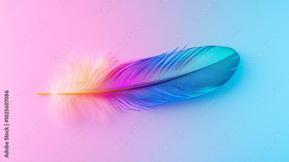 Obraz premium Vibrant Iridescent Feather on Rainbow Gradient Background â€“ Natural Beauty and Intricate Details