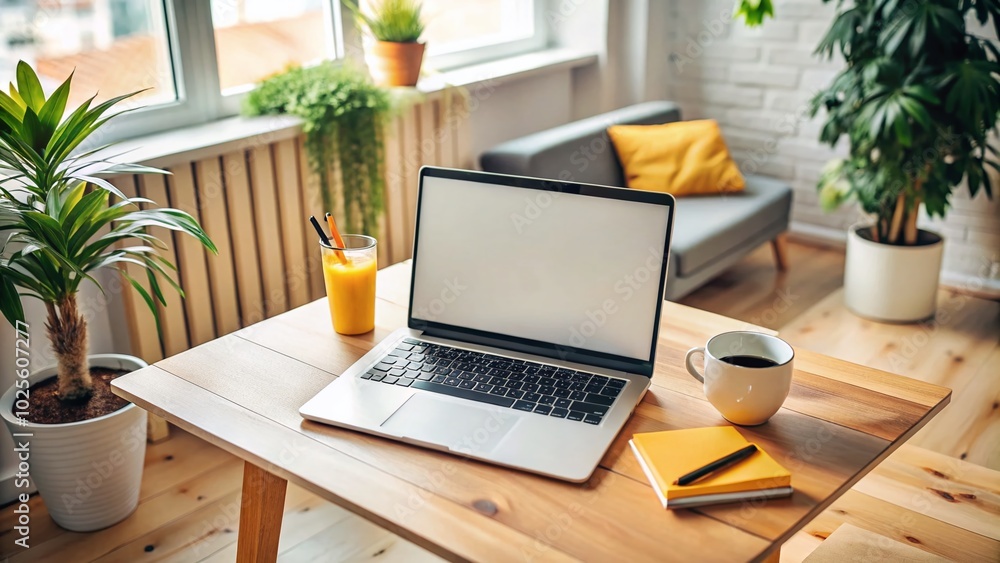 Laptop PC Mockup Template with Blank Screen on White Wooden Table in Cozy Home Interior for Creative Design Laptop PC Mockup Template with Blank Screen on White Wooden Table in Cozy Home Interior for Creative Design