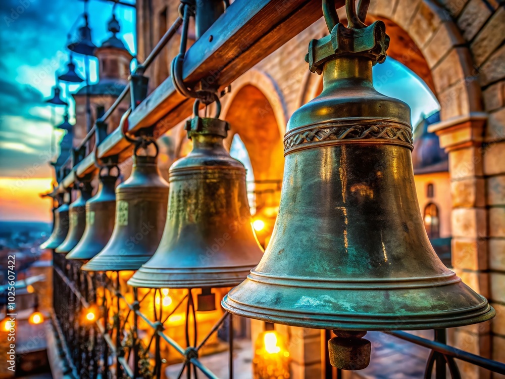 Obraz premium Large Bronze Church Bells Hanging in a Tower with Beautiful Patina and Historical Significance for Architectural