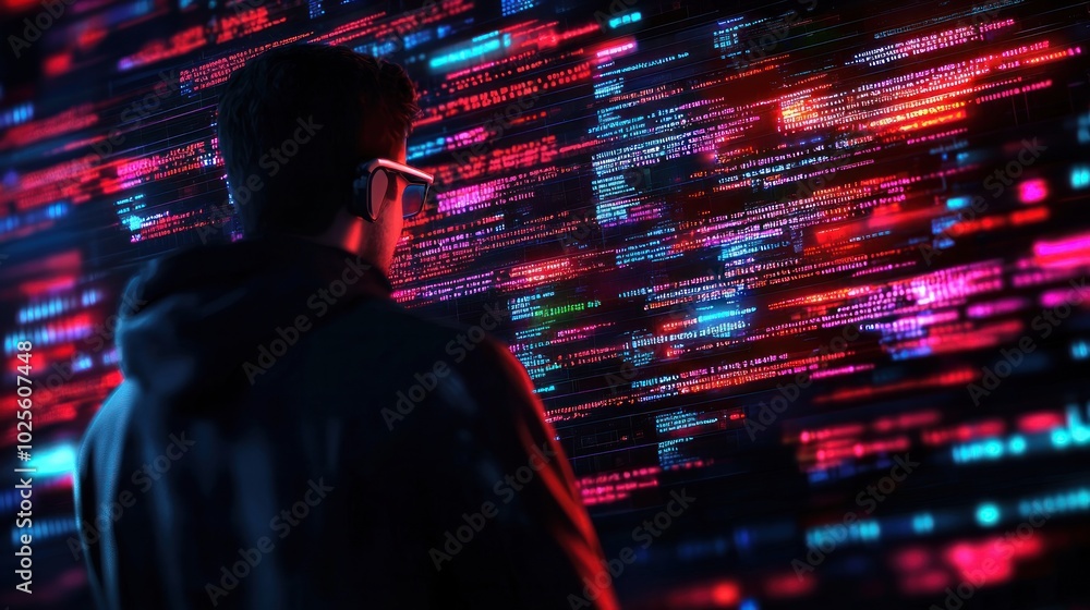 A silhouette of a person gazing at vibrant digital code, representing technology, data, and innovation in a futuristic setting. A silhouette of a person gazing at vibrant digital code, representing technology, data, and innovation in a futuristic setting.