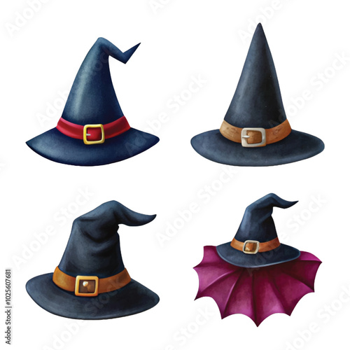 Collection of Watercolor Witch Hats in Deep Blue and Black with Satin Ribbons