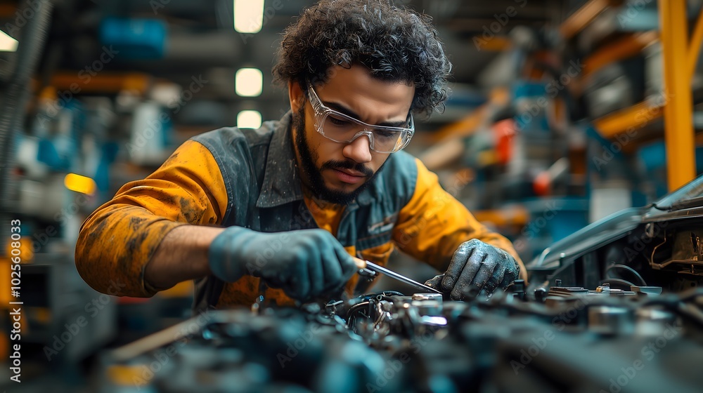 mechanic working diligently on a car in a busy garage. The mechanic is wearing a grease-stained uniform, with tools in hand, focused on fixing mechanic working diligently on a car in a busy garage. The mechanic is wearing a grease-stained uniform, with tools in hand, focused on fixing