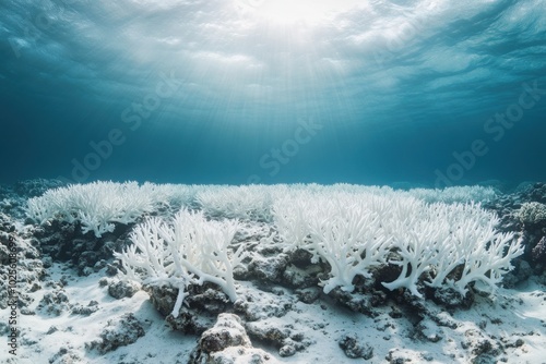 Coral reef bleaching underwater, with copy space