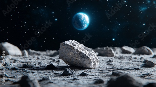 Ethereal Encounter: Meteorite on Lunar Landscape with Earth Viewed from Afar