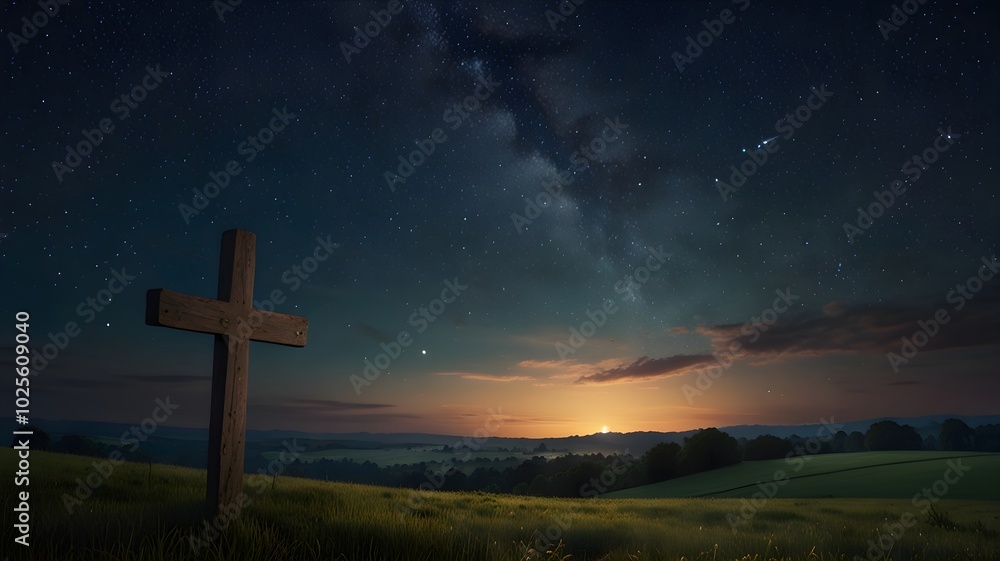 Calm Night Sky Over Countryside with Glowing Cross Calm Night Sky Over Countryside with Glowing Cross