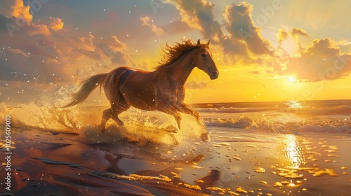 A Golden Horse Running Through the Waves at Sunset