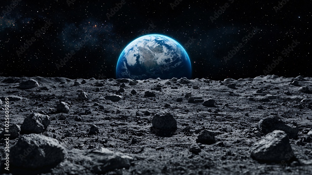 Celestial Beauty Amidst the Moon's Terrain - Lunar Rock Formation with Meteorites and Earth's Glow in Distance Celestial Beauty Amidst the Moon's Terrain - Lunar Rock Formation with Meteorites and Earth's Glow in Distance