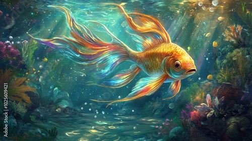 A fantasy fish with flowing, multicolored fins, gliding majestically through pristine water, surrounded by a magical underwater landscape