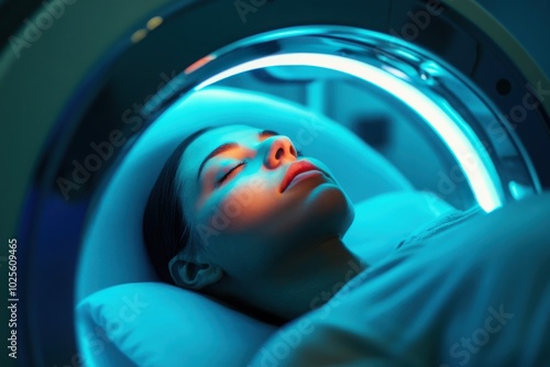 Cryogenic sleep chamber with frosted glass, with copy space photo