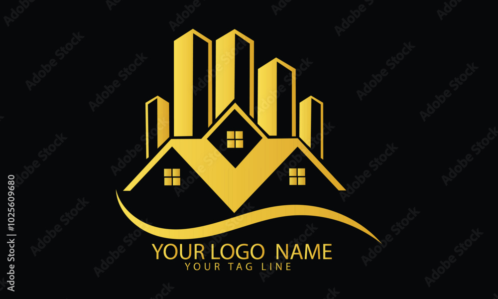 Naklejka premium Black Gold Real Estate Logo. Construction Architecture Building Logo Design Template Element