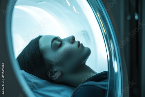 Cryogenic sleep chamber with frosted glass, with copy space photo