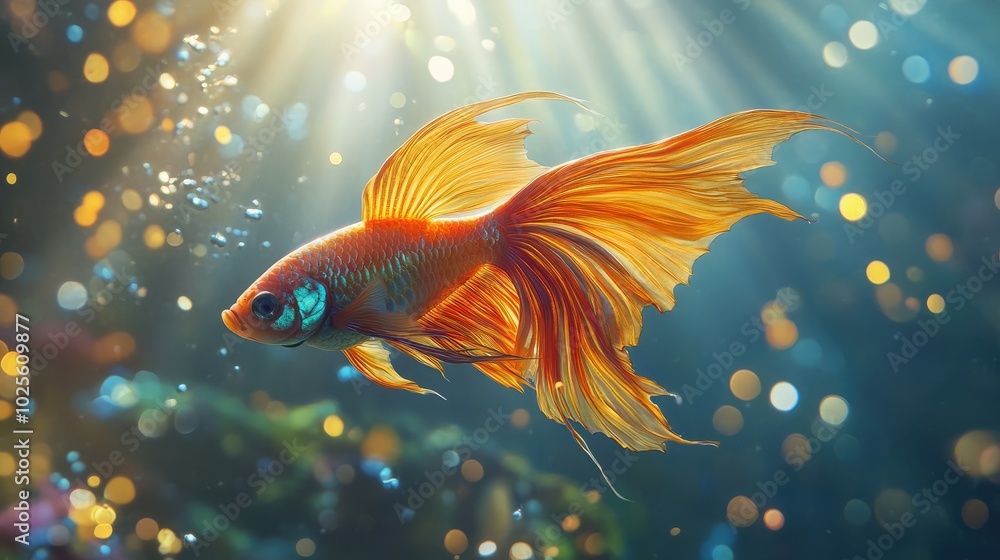 A vibrant fairytale fish with long, elegant fins and dazzling colors, gracefully swimming through crystal-clear water in a magical underwater scene A vibrant fairytale fish with long, elegant fins and dazzling colors, gracefully swimming through crystal-clear water in a magical underwater scene