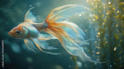 A stunning fairytale fish with iridescent scales and a long, flowing tail, swimming gracefully in crystal-clear water, evoking elegance