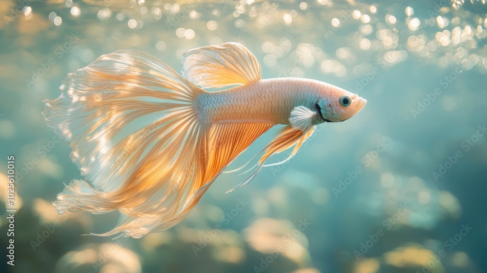A beautiful, brightly colored fish with an elegant long tail, gliding gracefully through clear water in a magical, dreamlike underwater world A beautiful, brightly colored fish with an elegant long tail, gliding gracefully through clear water in a magical, dreamlike underwater world