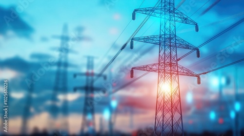 An abstract view of power lines illuminated by a glowing sunset, showcasing energy distribution and urban infrastructure.