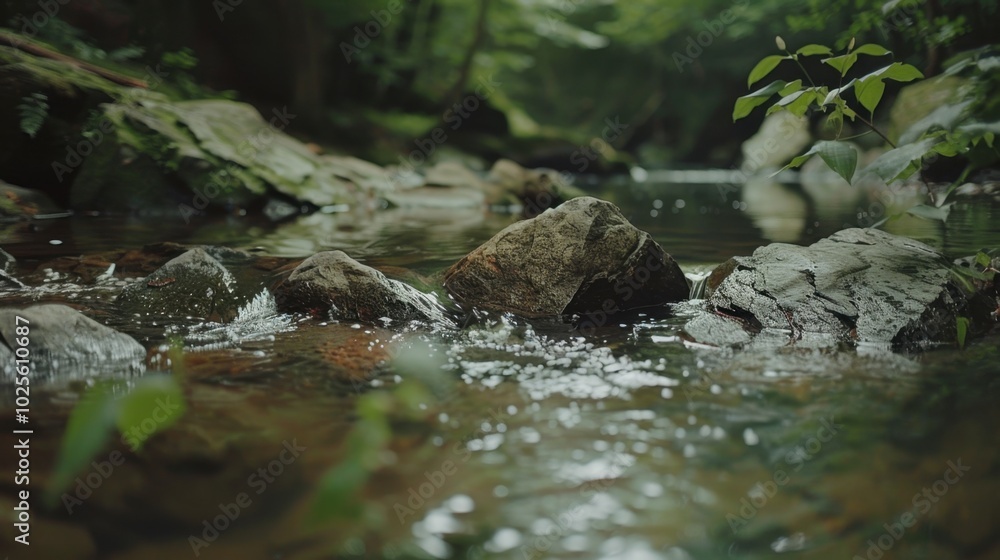 Serene Stream Flowing Over Smooth Rocks in Forest Serene Stream Flowing Over Smooth Rocks in Forest