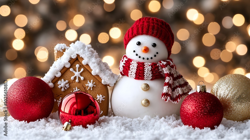 Jolly Snowman with Knitted Scarf Against Festive Background Jolly Snowman with Knitted Scarf Against Festive Background