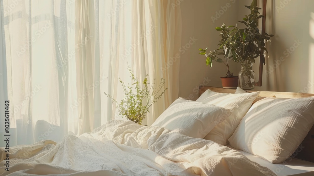 Cozy Bedroom with Natural Light and Greenery Cozy Bedroom with Natural Light and Greenery