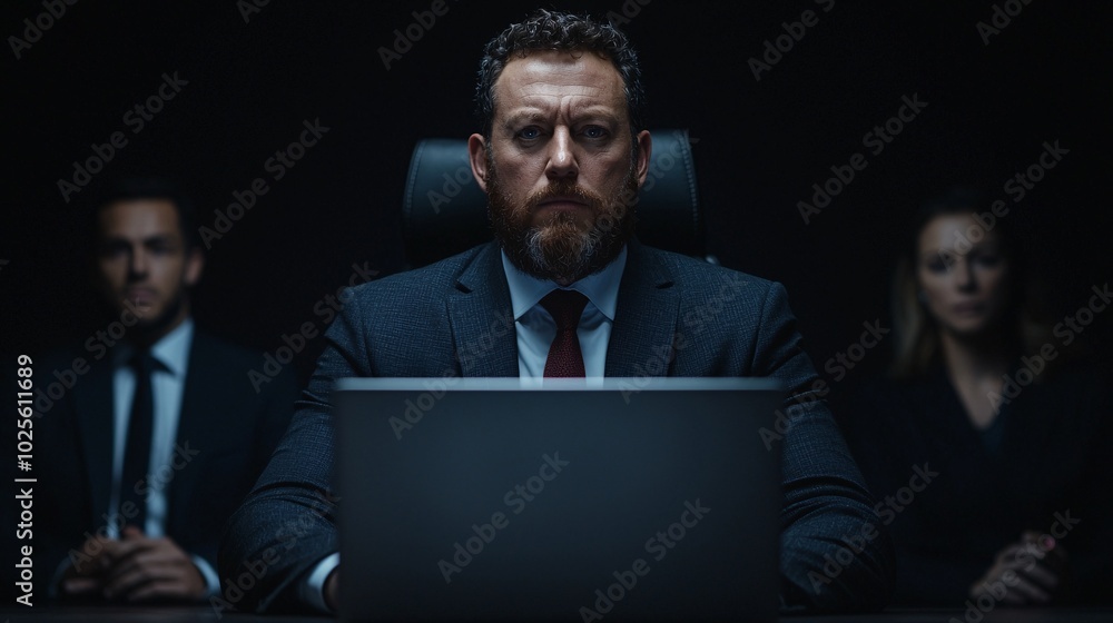 Modern Business Professional in Stylish Suit on Video Conference with Laptop in Minimalist Office Setting Modern Business Professional in Stylish Suit on Video Conference with Laptop in Minimalist Office Setting