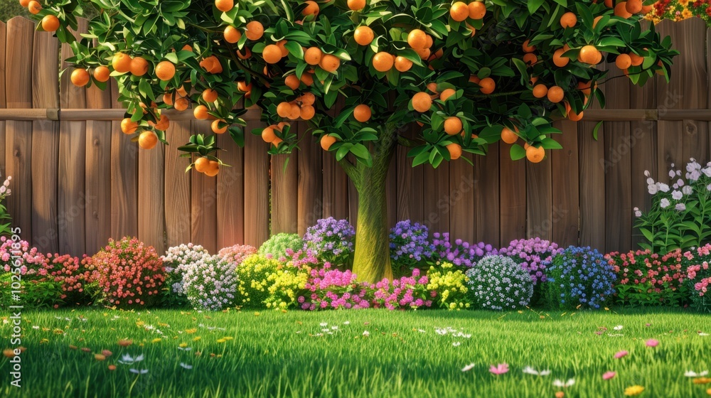 Fototapeta premium Vibrant Garden with Orange Tree and Colorful Flowers