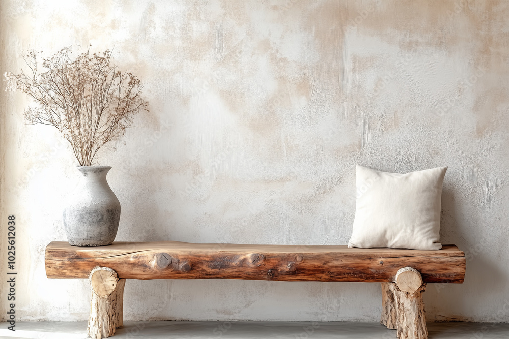 Obraz premium Rustic Wood Log Bench and Stucco Wall in Boho Country House Living Room Design