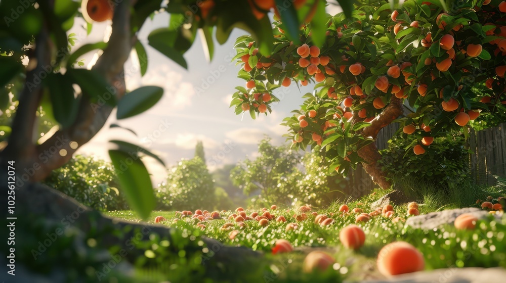 Lush Orchard with Ripe Citrus Fruits and Green Landscape Lush Orchard with Ripe Citrus Fruits and Green Landscape
