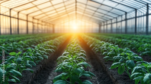 AIpowered greenhouse monitoring climatecontrolled conditions, panoramic view, soft light photo