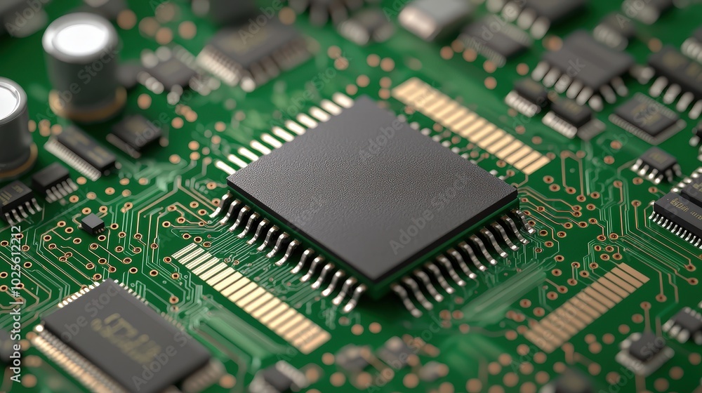 Close Up of Microchip on Green Circuit Board Technology Concept Close Up of Microchip on Green Circuit Board Technology Concept