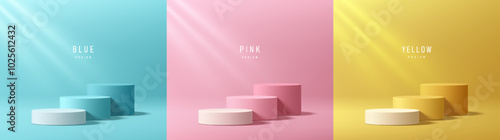 Set of steps 3D round podium background in blue, pink and yellow color. Abstract composition in minimalist design. Studio display showroom stand product pedestal, Fashion stage showcase mockup scene.