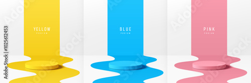 Set of 3D podium with blue, pink, yellow in wavy shape floor on white background. Abstract geometric composition minimal design. Studio showroom product pedestal, Fashion stage showcase mockup scene.