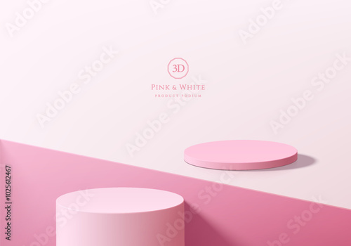 3D pink round podium background on floor and square groove. Abstract geometric composition in minimalist design. Studio display showroom stand product pedestal, Fashion stage showcase mockup scene.