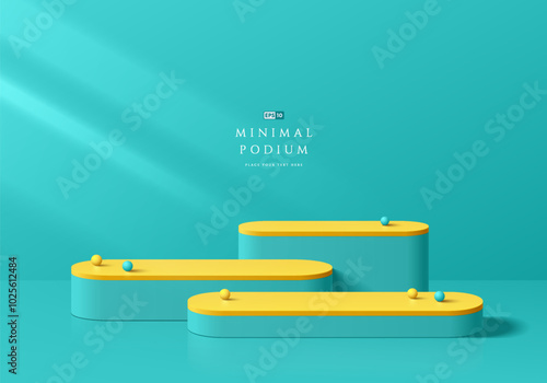 3D light blue round podium background with yellow on the top. Abstract geometric composition in minimalist design. Studio display showroom stand product pedestal, Fashion stage showcase mockup scene.