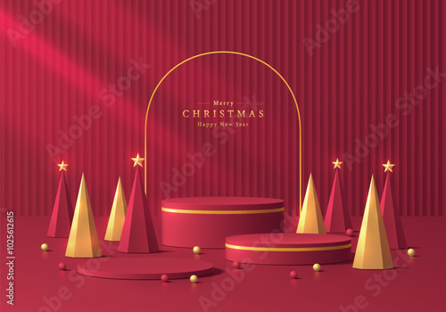 3D red podium set with Christmas tree in red and golden background. Abstract geometric composition in minimalist design. Studio display showroom product pedestal, Fashion stage showcase mockup scene.