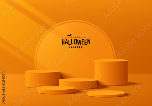 3D orange round podium set background in Halloween festival theme. Abstract geometric composition in minimalist design. 3D studio display showroom product pedestal, Fashion stage showcase mockup scene