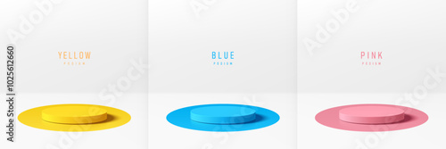 Set of 3D podium with blue, pink, yellow in round shape on white background. Abstract geometric composition in minimal design. Studio showroom product pedestal, Fashion stage showcase mockup scene.