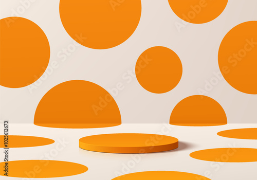 3D orange round podium with polka dot on white background. Abstract vector composition in minimalist design. 3D studio display showroom stands product pedestal, Fashion stage showcase mockup scene.