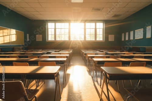 Empty classroom with rows of desks, with copy space