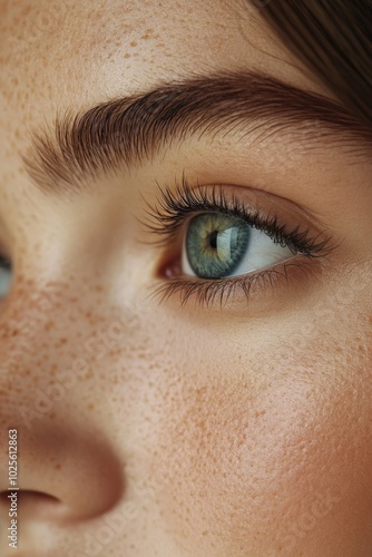 A detailed close-up captures the beauty of an eye with striking blue iris, framed by numerous freckles under soft illumination, highlighting skin texture and tones.