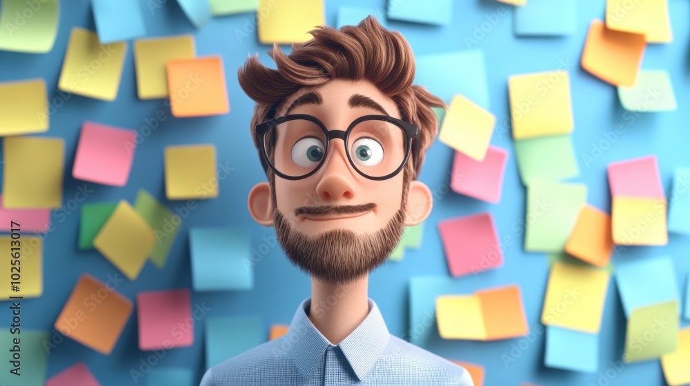 A cheerful animated character stands in front of colorful sticky notes, conveying creativity. A cheerful animated character stands in front of colorful sticky notes, conveying creativity.