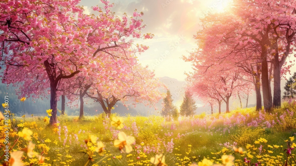Serene Spring Landscape with Blooming Cherry Trees Serene Spring Landscape with Blooming Cherry Trees