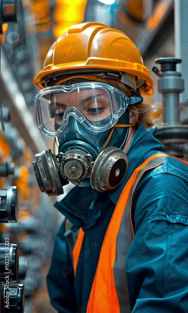 Chemical specialists investigate chemical leaks in industrial factories while donning safety uniforms and gas masks. Chemical specialists investigate chemical leaks in industrial factories while donning safety uniforms and gas masks.