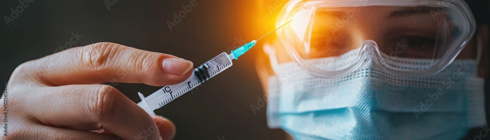 Healthcare worker preparing vaccine with syringe, wearing protective gear, focused on safety and patient care during procedure. Healthcare worker preparing vaccine with syringe, wearing protective gear, focused on safety and patient care during procedure.