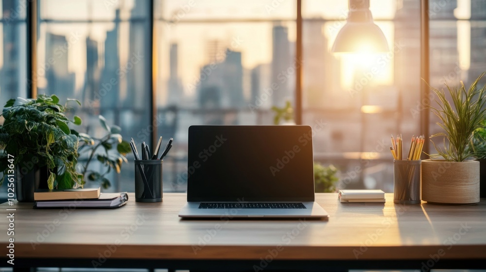 A modern workspace with a laptop, plants, and a city skyline at sunset. A modern workspace with a laptop, plants, and a city skyline at sunset.