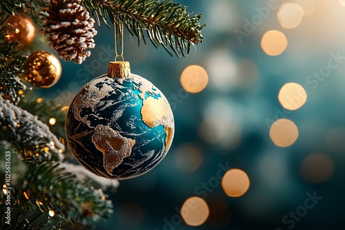 Fototapeta Naklejka Na Ścianę i Meble -  Planet Earth hanging on a christmas tree as a festive decoration. Merry Christmas and winter holiday concept. Close-up object shot for poster, card