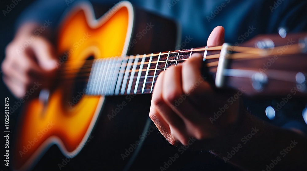 Fototapeta premium Melodic Moments: Passionate Musician Strumming Acoustic Guitar in Cozy Living Room with Intimate Warm Light - Medium Shot Photo